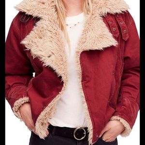 Red bomber with faux shearling